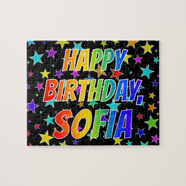 Quebra-cabeça Nome "SOFIA", Diversão "FELIZ ANIVERSÁRIO" (Horizontal)