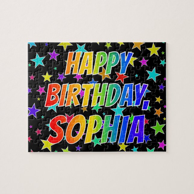 Quebra-cabeça Nome "SOPHIA", Diversão "FELIZ ANIVERSÁRIO" (Horizontal)