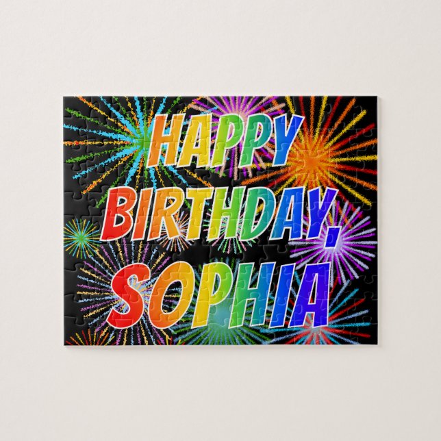Quebra-cabeça Nome "SOPHIA", Diversão "FELIZ ANIVERSÁRIO" (Horizontal)