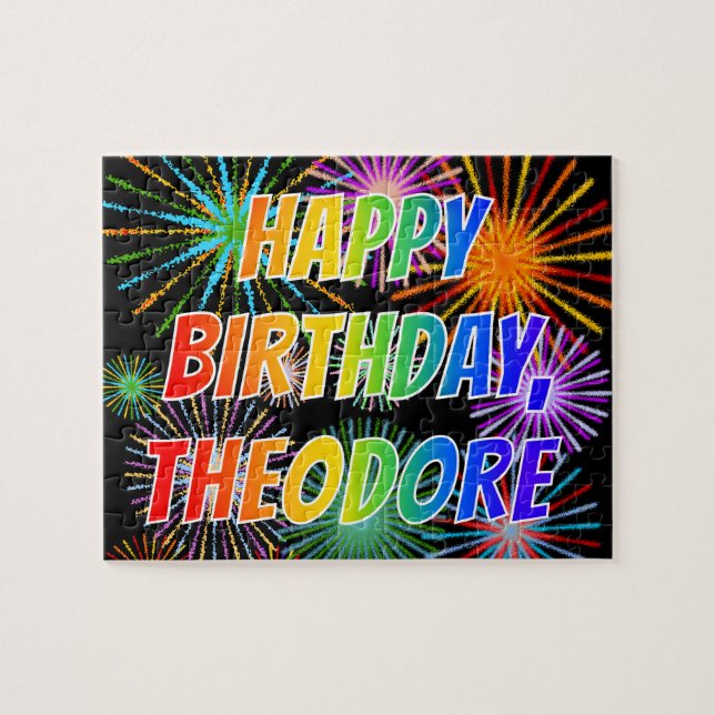 Quebra-cabeça Nome "THEODORE", Diversão "FELIZ ANIVERSÁRIO" (Horizontal)