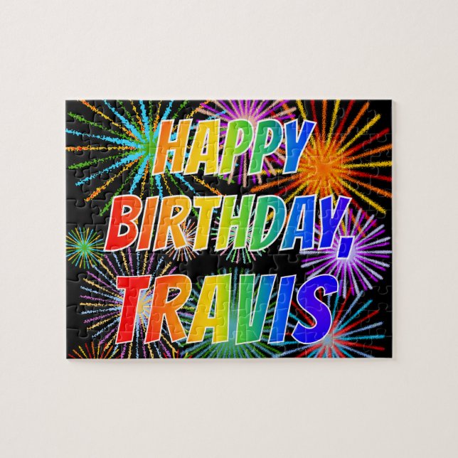 Quebra-cabeça Nome "TRAVIS", Diversão "FELIZ ANIVERSÁRIO" (Horizontal)