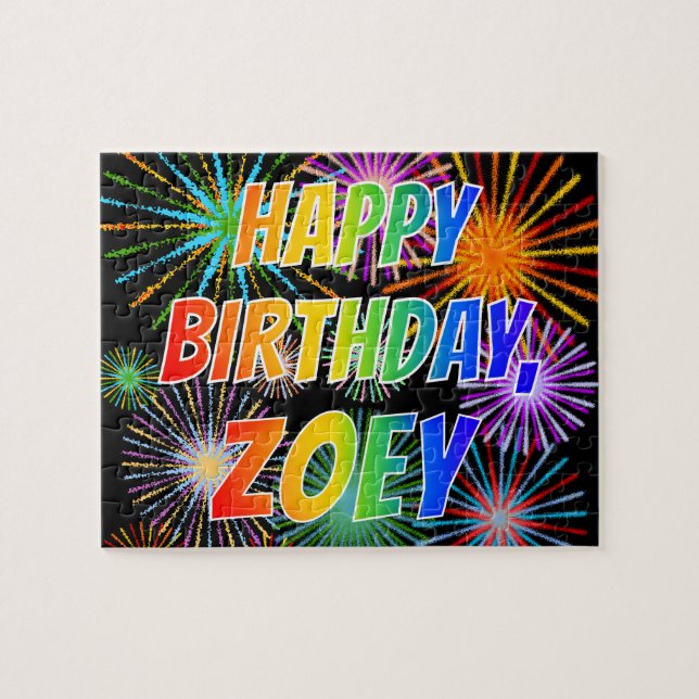 Quebra-cabeça Nome "ZOEY", Diversão "FELIZ ANIVERSÁRIO" (Horizontal)