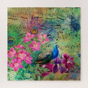 Quebra-cabeça Notas Musicais de Flores Rosa Pavão Azul-marinho