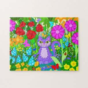 Quebra-cabeça O gato dos desenhos animados no jardim floresce