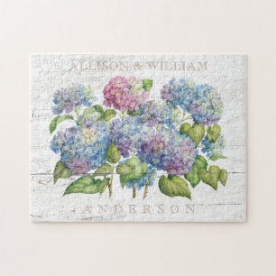 Quebra-cabeça O Hydrangea azul de madeira rústico acopla