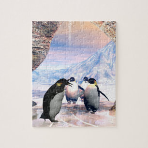 Quebra-cabeça O pinguim engraçado vai em um lago com gelo