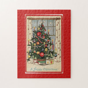 Quebra-cabeça O vintage decorou o vermelho da árvore de Natal