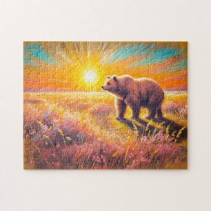 Quebra-cabeça Obras de Arte em Giz Pastel Pôr do Sol Urso Pardo