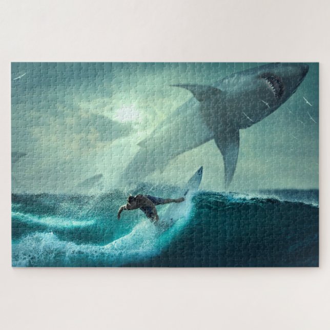 Quebra-cabeça Oceânico de Tubarão e Surfista (Horizontal)
