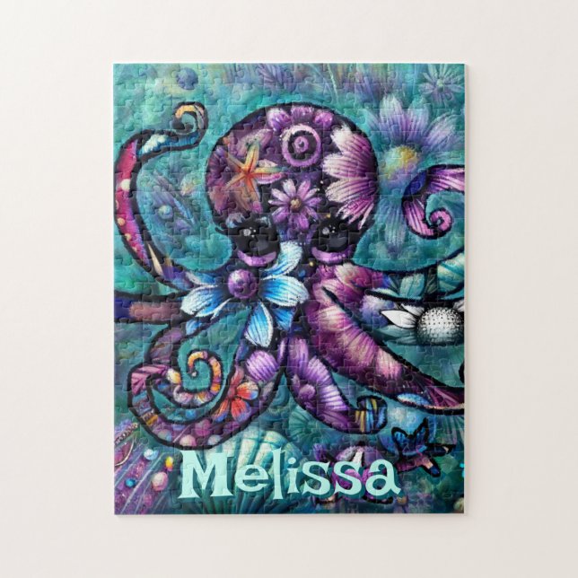 Quebra-cabeça Octopus Floral Teal Coastal Personalizado (Vertical)