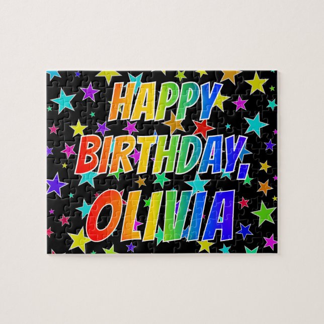 Quebra-cabeça "OLÍVIA" Primeiro Nome, Diversão "FELIZ ANIVERSÁRI (Horizontal)