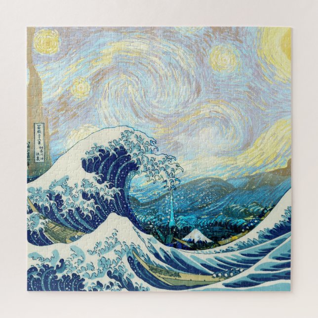 QUEBRA-CABEÇA ONDA DE KANAGAWA EM FUNDO DE NOITE ESTRELADA (Vertical)