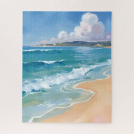 Quebra-cabeça Ondas Aquarela Oceano Azul Pintura Costeira
