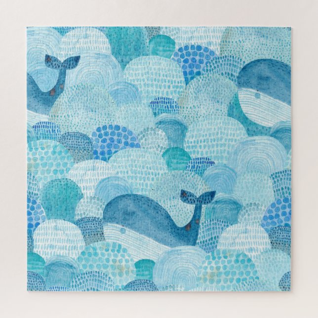 Quebra-cabeça Ondas, baleia, textura azul infantil (Vertical)