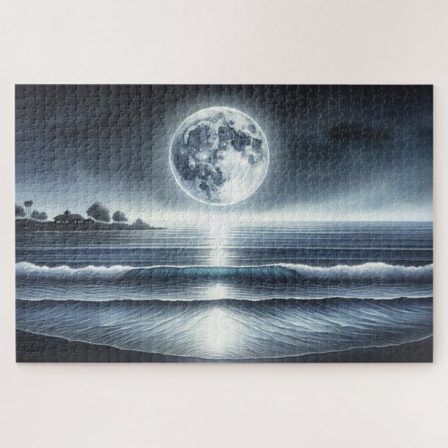 Quebra-cabeça Ondas do Oceano ao Luar Céu Noturno Celestial (Horizontal)