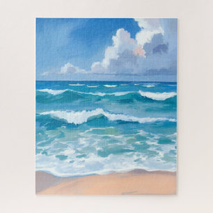 Quebra-cabeça Ondas do Oceano Azul   Aquarela do Mar da Praia 