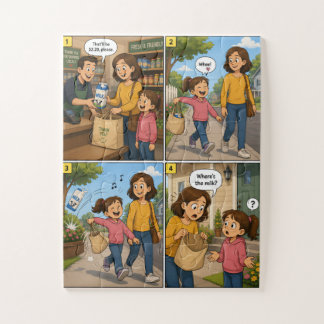 Quebra-cabeça Onde está o Leite? Uma Divertida Aventura de Compr