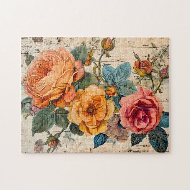 Quebra-cabeça Orange and Pink Roses on Rustic Wood (Horizontal)