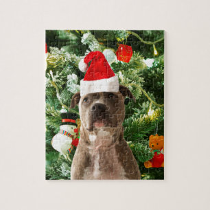 Quebra-cabeça Ornamento de Árvores de Natal do Cão Pitbull Snowm