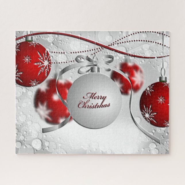 Quebra-cabeça Ornamento Feliz de Natal em Prata e Vermelho (Horizontal)