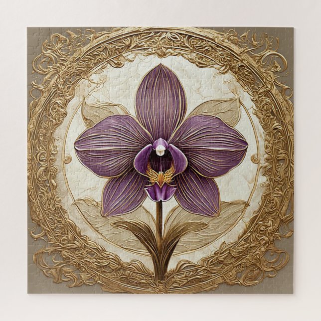 Quebra-cabeça Orquídea Elegante em Moldura Dourada Intrincada (Vertical)