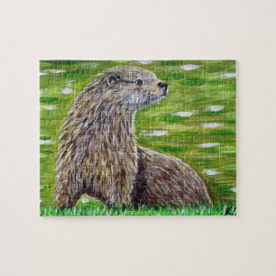 Quebra-cabeça Otter sobre uma pintura na margem de um rio