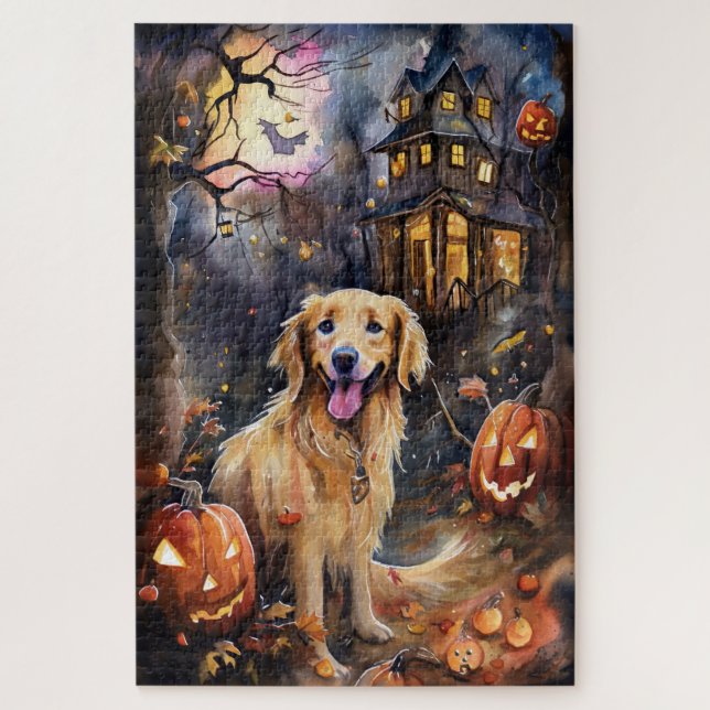 Quebra-cabeça Ouro De Halloween Retriever Com Pumpkins Assustado (Vertical)