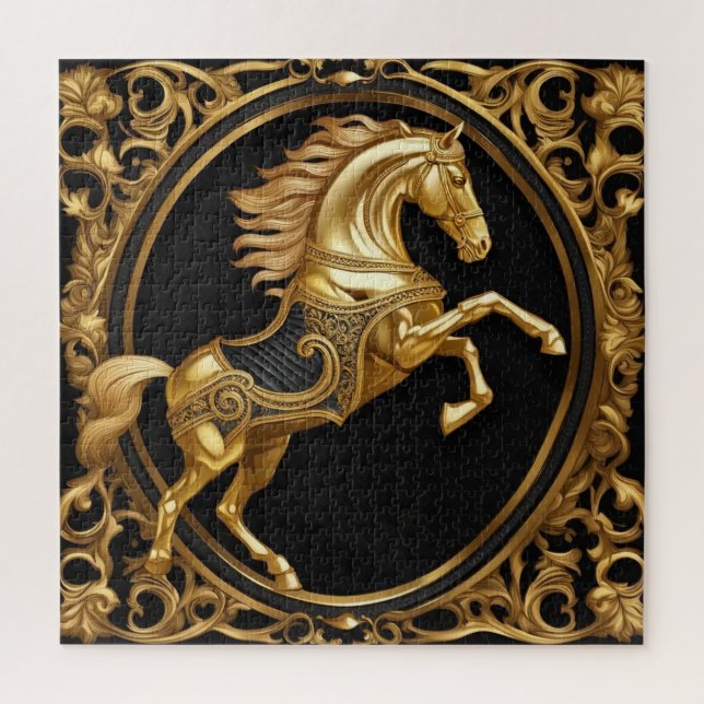 Quebra-cabeça Ouro Dourado de cavalo e armação ornamental negra (Vertical)