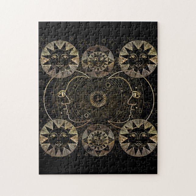 Quebra-cabeça Ouro Sun Moon Stars Astronomia Celestial (Vertical)