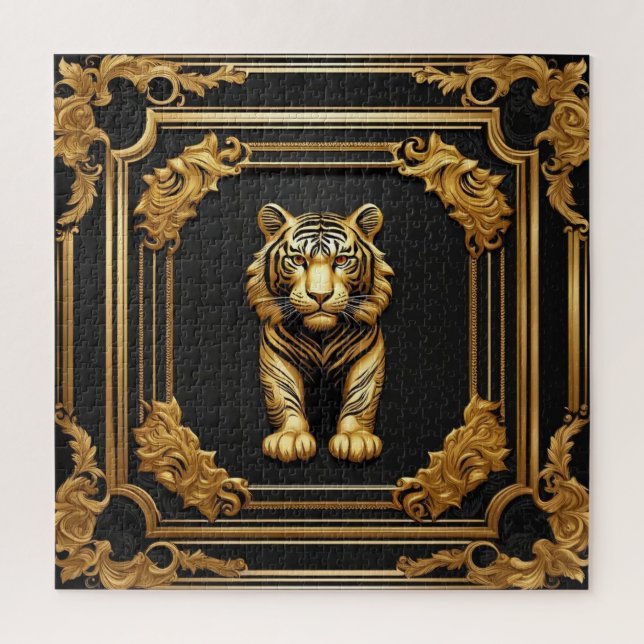 Quebra-cabeça Ouro tigre e quadro decorativo preto (Vertical)