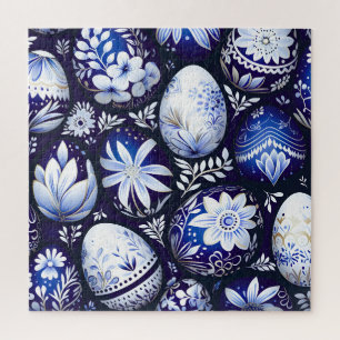 Quebra-cabeça Ovo de Páscoa Floral Azul Escandinavo