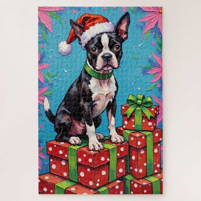 Quebra-cabeça Pacote de Natal com Chapéu de Boston Terrier em Po (Vertical)
