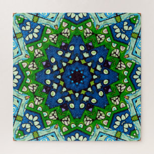 Quebra-cabeça Padrão Azul Verde-Mosaico Mandala Retro