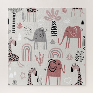 Quebra-cabeça padrão com elefantes e girafas fofos gigante