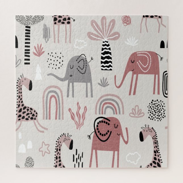 Quebra-cabeça padrão com elefantes e girafas fofos gigante  (Vertical)