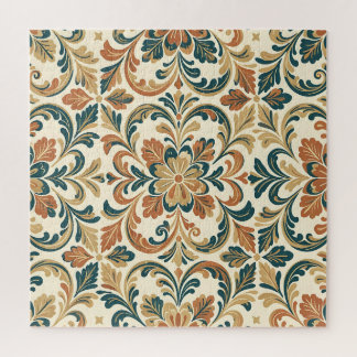 Quebra-cabeça Padrão Damásco Floral Folk Laranja Teal