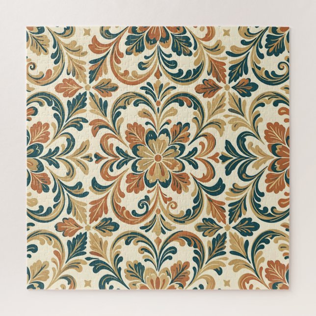 Quebra-cabeça Padrão Damásco Floral Folk Laranja Teal (Vertical)