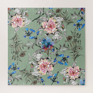 Quebra-cabeça Padrão de Aquarela Floral de Fundo Verde.