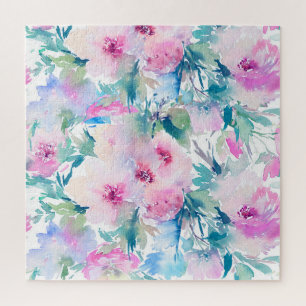 Quebra-cabeça Padrão de colagem de flores rosa e azuis