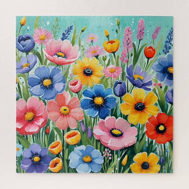 Quebra-cabeça Padrão de Flores de Primavera Vibrantes em Aquarel (Vertical)