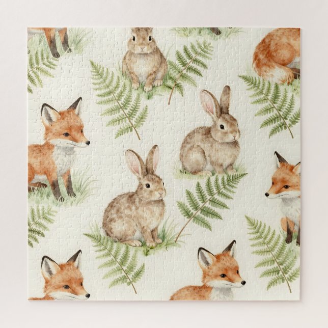 Quebra-cabeça Padrão de Floresta de Raposa e Coelho em Aquarela (Vertical)