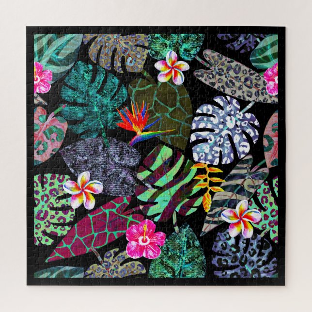 Quebra-cabeça Padrão de Folhas e Flores Tropicais Vibrantes (Vertical)
