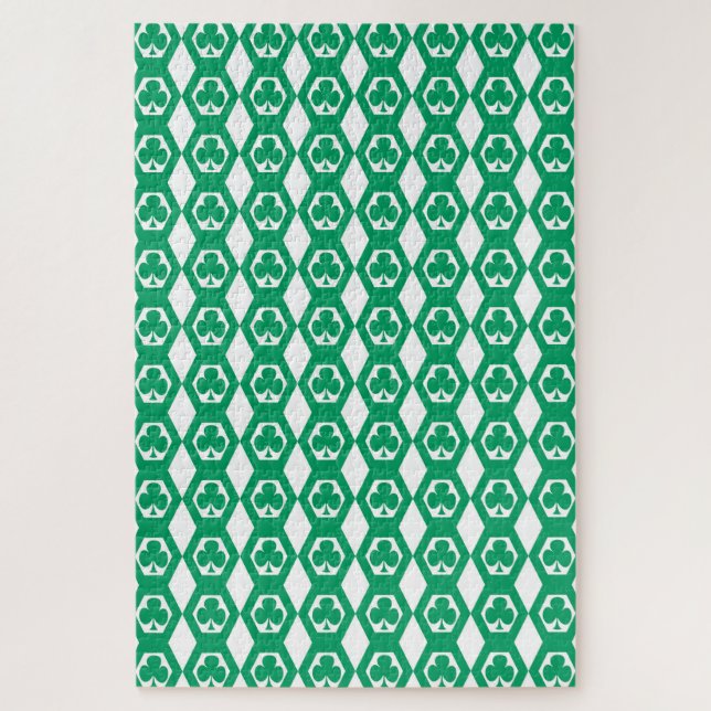 Quebra-cabeça Padrão de Hexágono Branco Verde Trevo (Vertical)