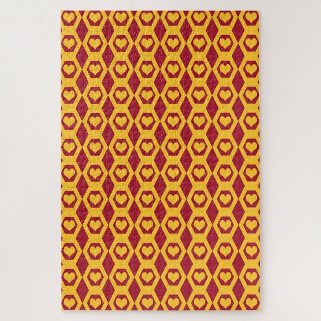 Quebra-cabeça Padrão de Hexágono Dourado Garnet Corações (Vertical)