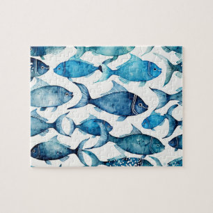 Quebra-cabeça Padrão de peixe marinho azul de aquarela. Animal n