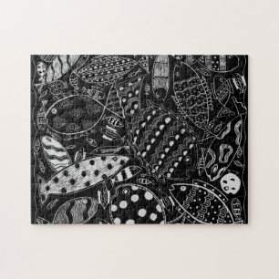 Quebra-cabeça Padrão de Peixes Preto e Branco Arte Moderna