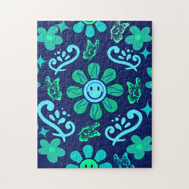 Quebra-cabeça Padrão de Símbolo Floral e Solar em Estilo Retro A (Vertical)