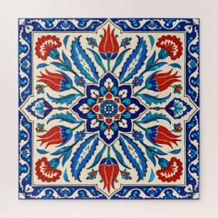 Quebra-cabeça Padrão de Tulipa Azul Vermelha em Estilo Otomano