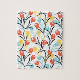 Quebra-cabeça Padrão de Tulipas Vibrante Design Floral em Branco