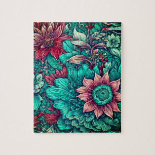 Quebra-cabeça Padrão Floral, Aqua, Teal, Turquesa e Cinzas